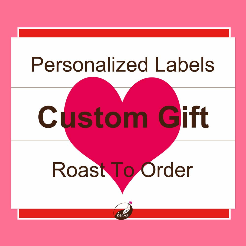 Custom Coffee Gift Pack with personalized label, featuring roast-to-order options and elegant packaging.