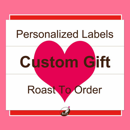 Custom Coffee Gift Pack with personalized label, featuring roast-to-order options and elegant packaging.