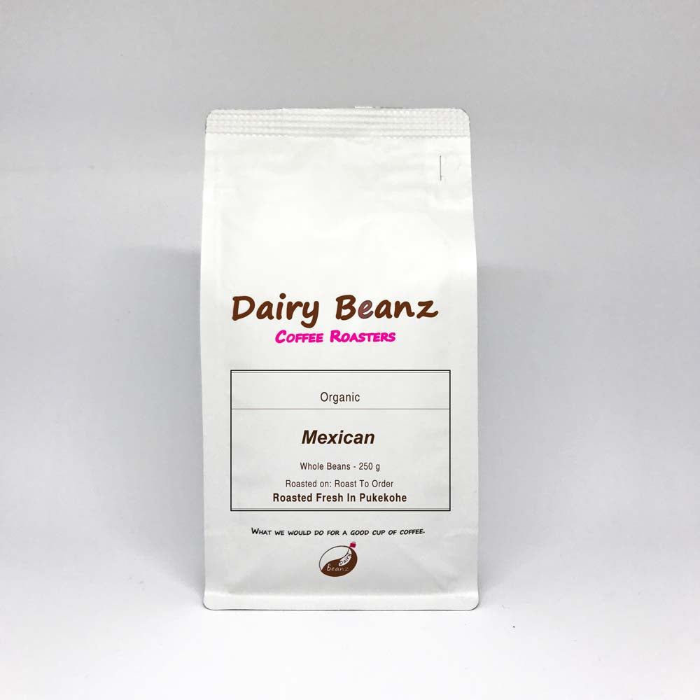 A bag of 'Mexican Organic' single origin coffee beans with simple and elegant packaging design.