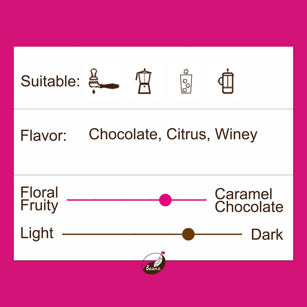 Information about 'Dairy Beanz' signature coffee blend, highlighting suitable brew methods, flavor notes, and medium dark roast level.