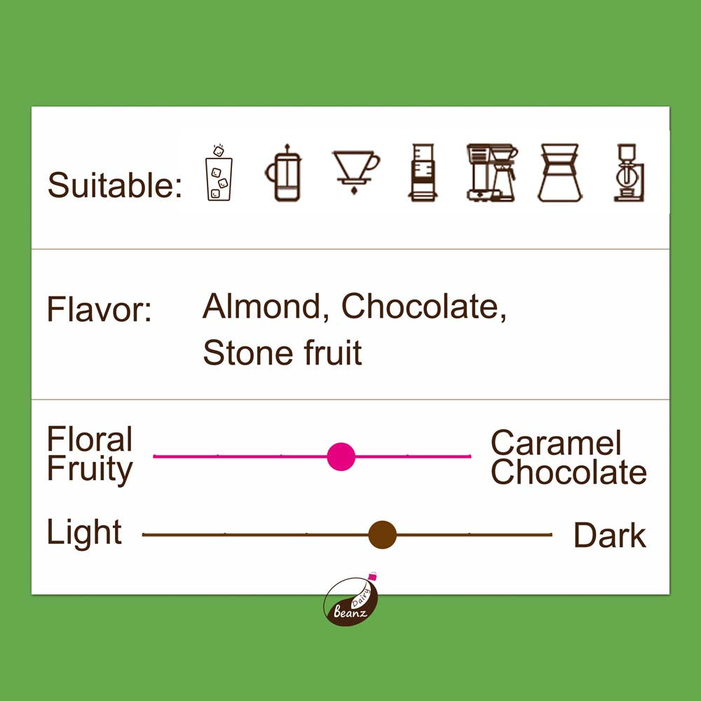 Information about 'Nicaraguan Organic' coffee beans, highlighting suitable brew methods, flavor notes, and medium roast level.