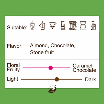 Information about 'Nicaraguan Organic' coffee beans, highlighting suitable brew methods, flavor notes, and medium roast level.