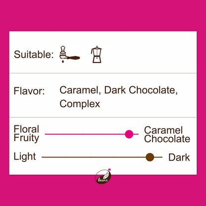 Information about 'The One' espresso coffee blend, highlighting suitable brew methods, flavor notes, and medium dark roast level.